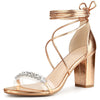 Crystal Rhinestones Strap Lace Up Chunky Heel Sandals for Women