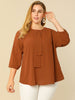 Plus Size Plain Cuff Sleeve Crew Neck Ribbon Blouse