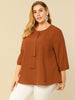 Plus Size Plain Cuff Sleeve Crew Neck Ribbon Blouse