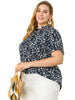 Rayon H Line Floral Tie Neck Short Sleeve Blouse