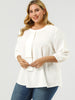 Plus Size Plain Cuff Sleeve Crew Neck Ribbon Blouse
