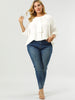 Plus Size Plain Cuff Sleeve Crew Neck Ribbon Blouse
