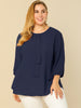 Plus Size Plain Cuff Sleeve Crew Neck Ribbon Blouse