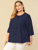 Plus Size Plain Cuff Sleeve Crew Neck Ribbon Blouse