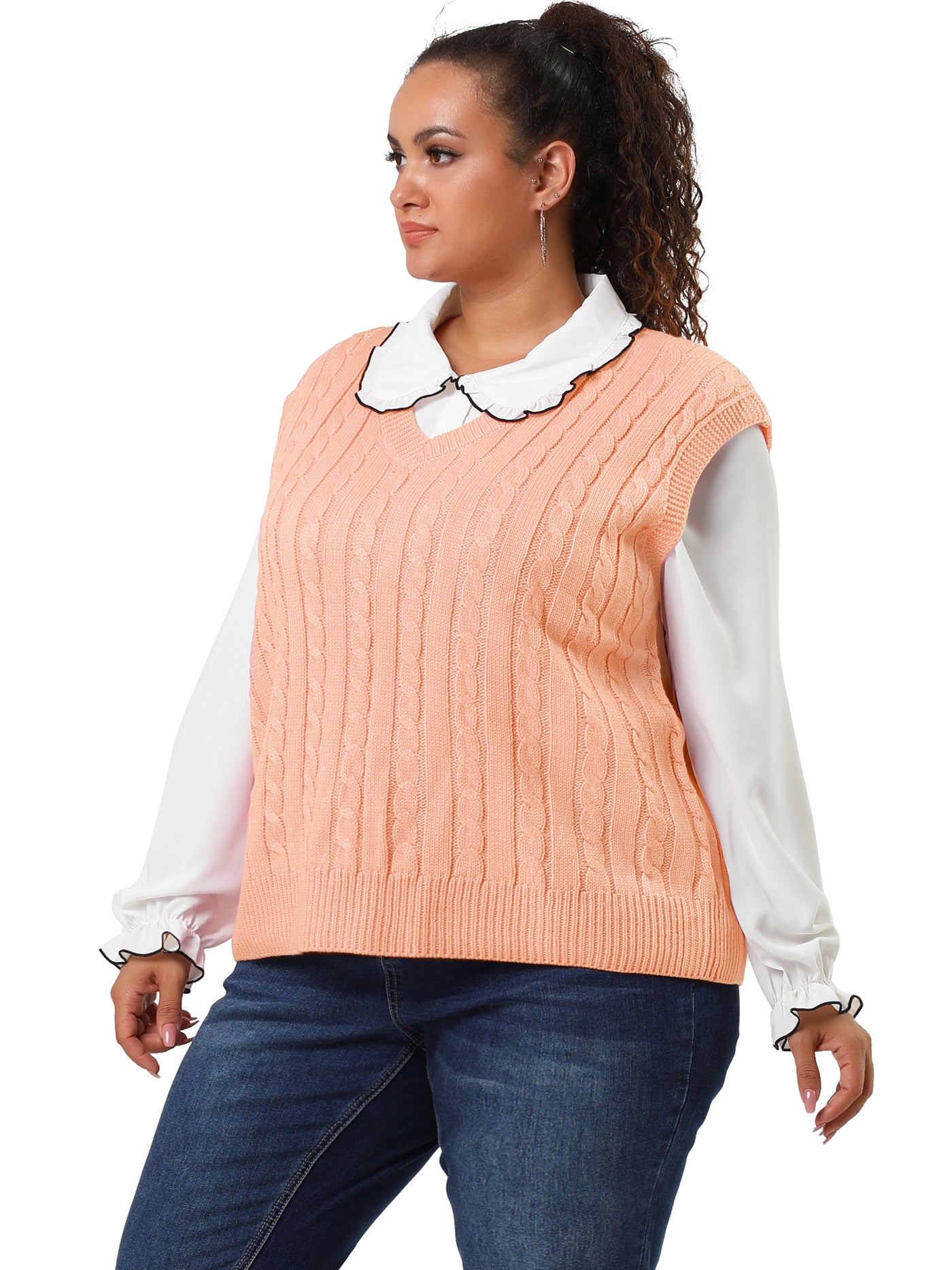 Bublédon Plus Size V Neck Plain Argyle Preppy Style Knit Vests
