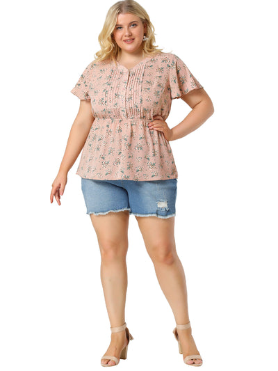 Rayon H Line Floral Short Sleeve Pintuck Blouse