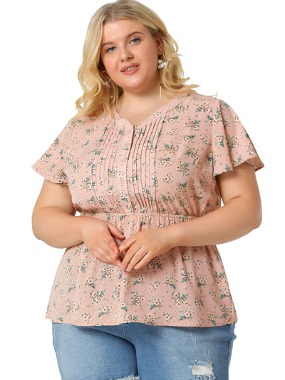 Rayon H Line Floral Short Sleeve Pintuck Blouse