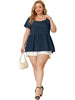 Ribbed H Line Spring Summer Square Neck Peplum Blouse