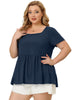 Ribbed H Line Spring Summer Square Neck Peplum Blouse