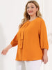 Plus Size Plain Cuff Sleeve Crew Neck Ribbon Blouse