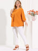 Plus Size Plain Cuff Sleeve Crew Neck Ribbon Blouse