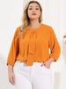 Plus Size Plain Cuff Sleeve Crew Neck Ribbon Blouse