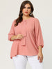 Plus Size Plain Cuff Sleeve Crew Neck Ribbon Blouse