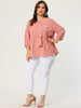 Plus Size Plain Cuff Sleeve Crew Neck Ribbon Blouse