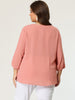 Plus Size Plain Cuff Sleeve Crew Neck Ribbon Blouse