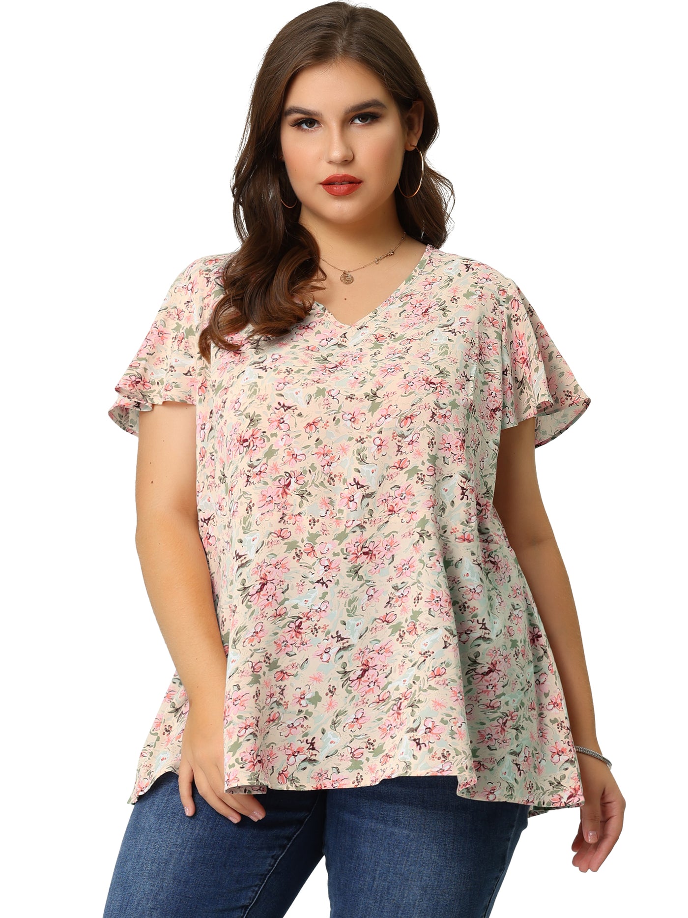 Bublédon Woven Relax Fit Watercolor V Neck Short Sleeve Top