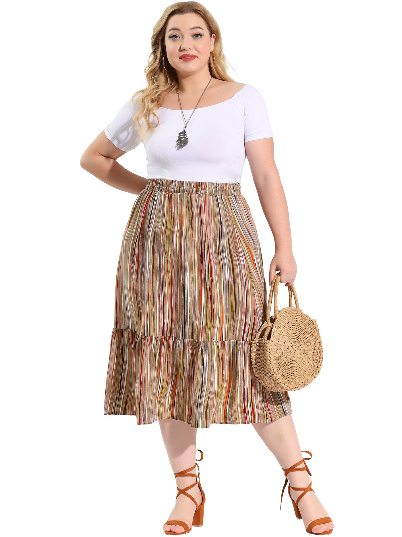 Bublédon Loose Fit Woven Vertical Stripe Midi Skirt