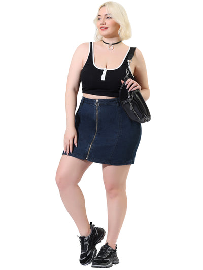 Women's Plus Size Mini Skirt H Line Zip Up Front Denim Skirts