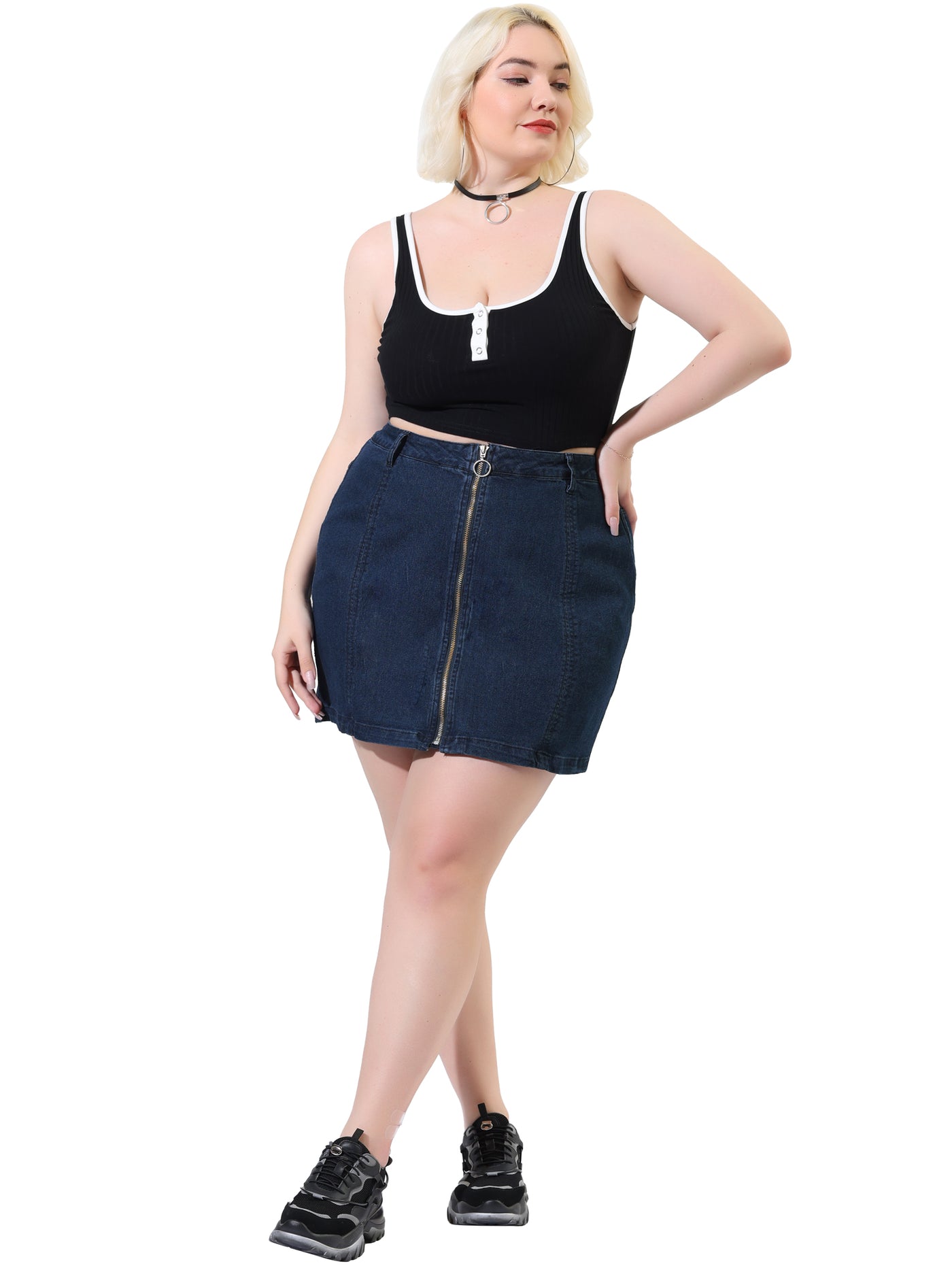 Bublédon Women's Plus Size Mini Skirt H Line Zip Up Front Denim Skirts