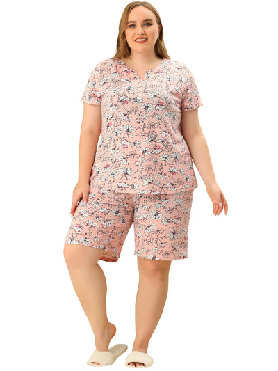 Women's Plus Size Loungewear Sets Floral Elastic Waist Short Sleeve Pajamas Set.