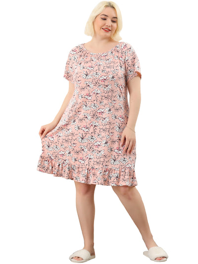 Plus Size Nightgowns for Women Elastic Round Neck Floral Sleep Dresses