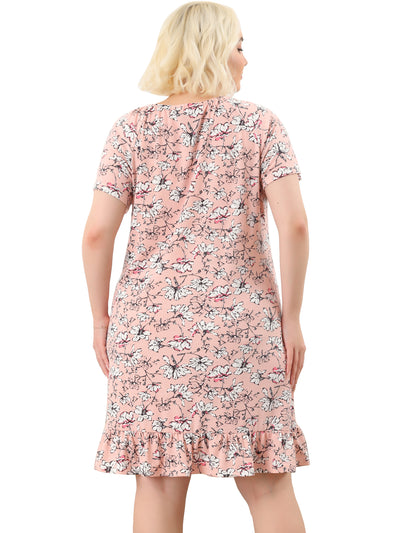Plus Size Nightgowns for Women Elastic Round Neck Floral Sleep Dresses
