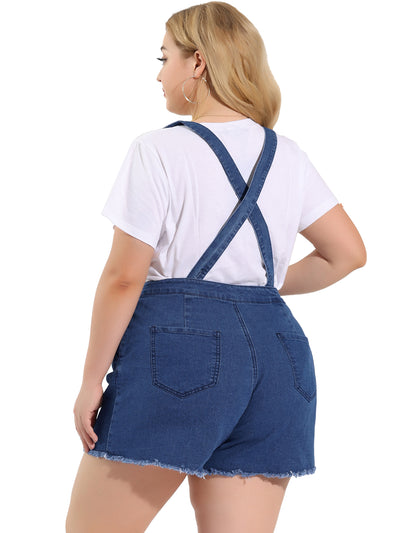 Plus Size Denim Shorts for Women Fray Pockets Overalls