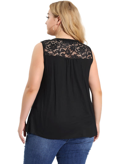 Plus Size Tops Sheer Lace Panel Sleeveless Blouse Top