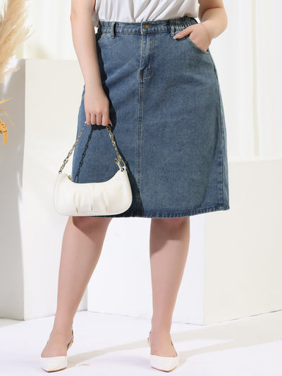 Women's Plus Size Denim Skirts Button Front Elastic Waist Back Split a Line Jean Skirt