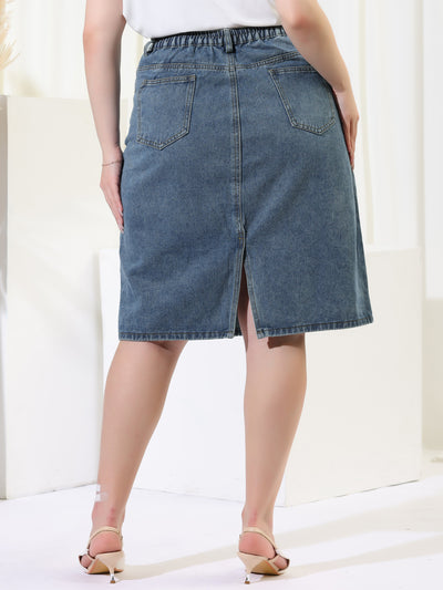 Women's Plus Size Denim Skirts Button Front Elastic Waist Back Split a Line Jean Skirt