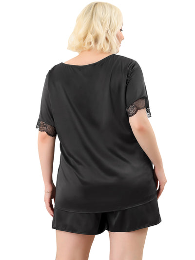Women's Plus Size Pajamas Set Lace Panel Elastic Waist Casual Loungewear Sets