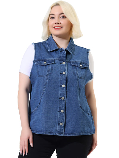 Plus Size Denim Vests for Women Causal Button Long Vest Jackets
