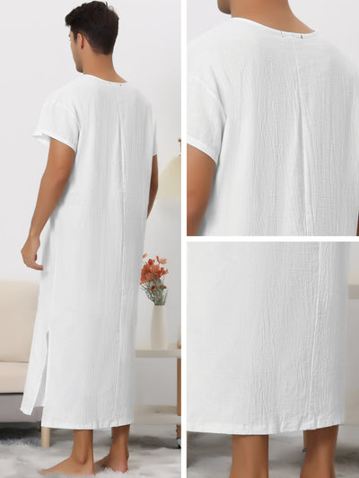 Cotton Short Sleeve V-Neck Plain Side Split Long Gown