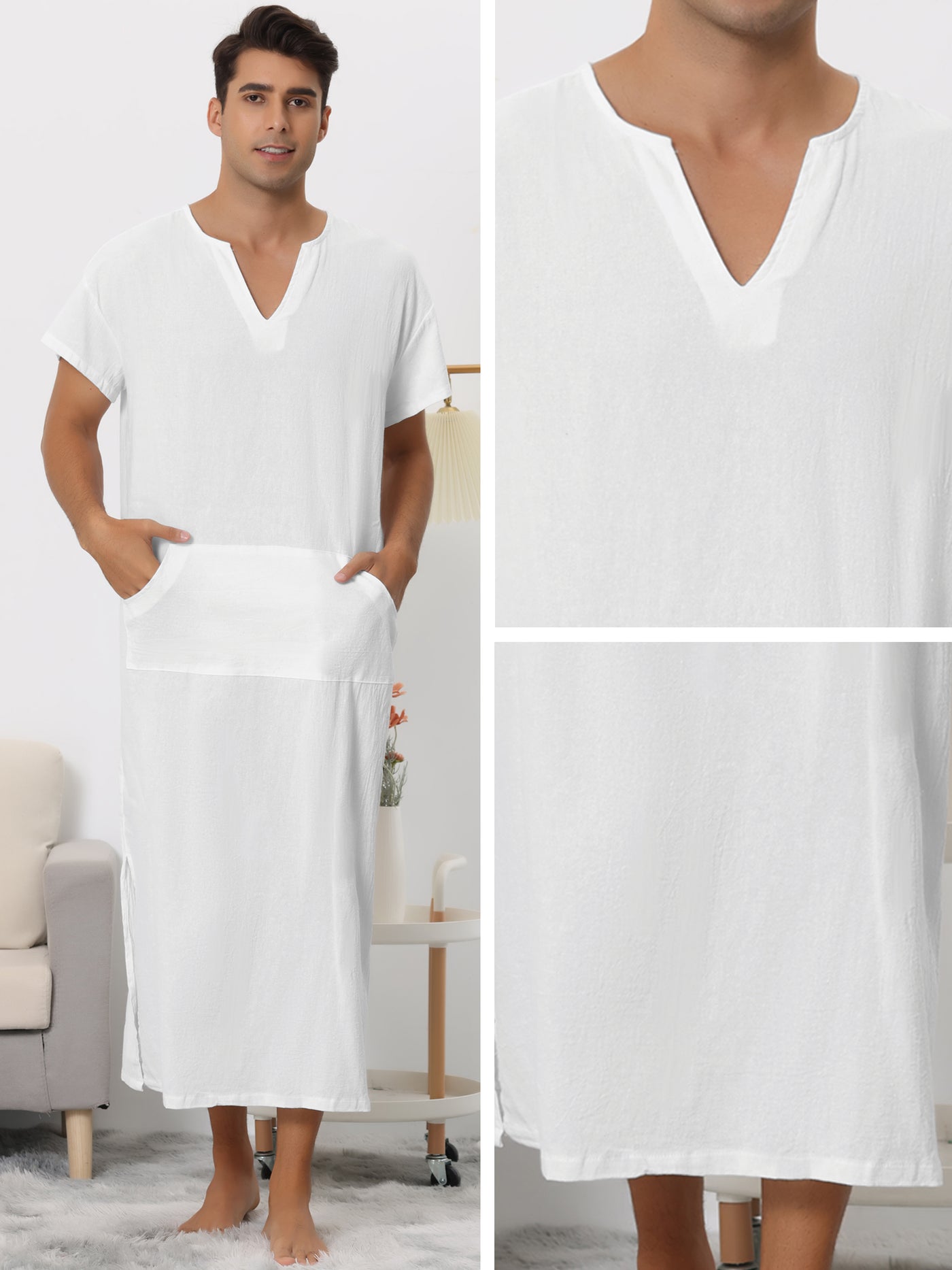Bublédon Cotton Short Sleeve V-Neck Plain Side Split Long Gown