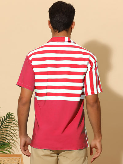 Patchwork Striped Shirts for Men's Chest Pocket Color Block Short Sleeve Hawaiian Shirt