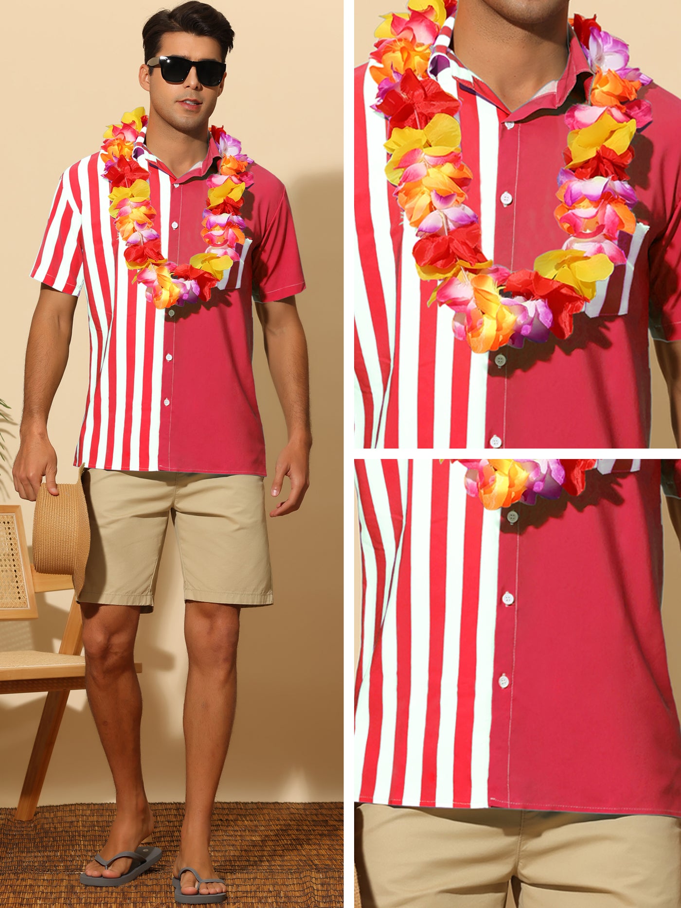 Bublédon Patchwork Striped Shirts for Men's Chest Pocket Color Block Short Sleeve Hawaiian Shirt
