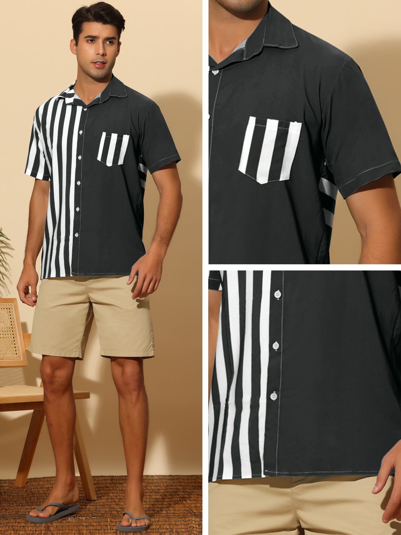 Bublédon Patchwork Striped Shirts for Men's Chest Pocket Color Block Short Sleeve Hawaiian Shirt
