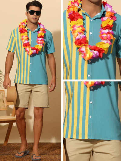Patchwork Striped Shirts for Men's Chest Pocket Color Block Short Sleeve Hawaiian Shirt