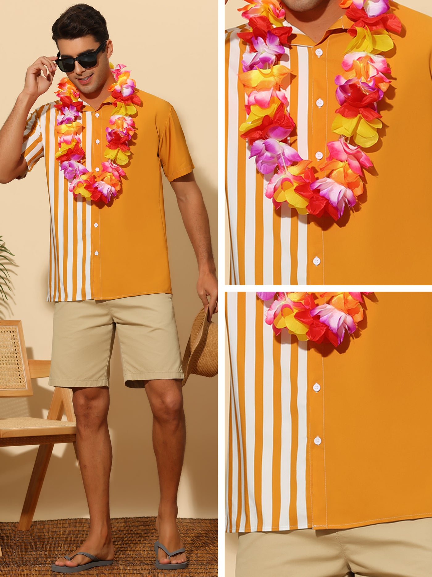 Bublédon Striped Patchwork Shirts for Men's Short Sleeved Color Block Summer Beach Shirt