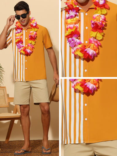 Striped Patchwork Shirts for Men's Short Sleeved Color Block Summer Beach Shirt