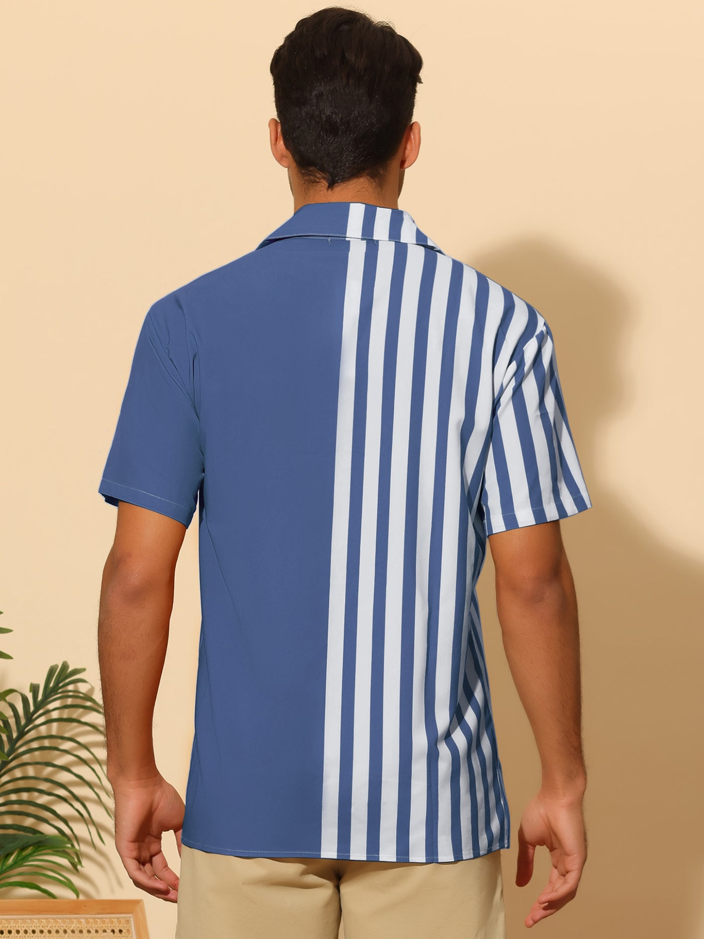 Bublédon Striped Patchwork Shirts for Men's Short Sleeved Color Block Summer Beach Shirt