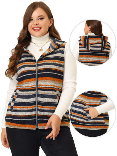 Plus Size Zip Up Stripe Printed Sleeveless Knit Boho Jacket Vest