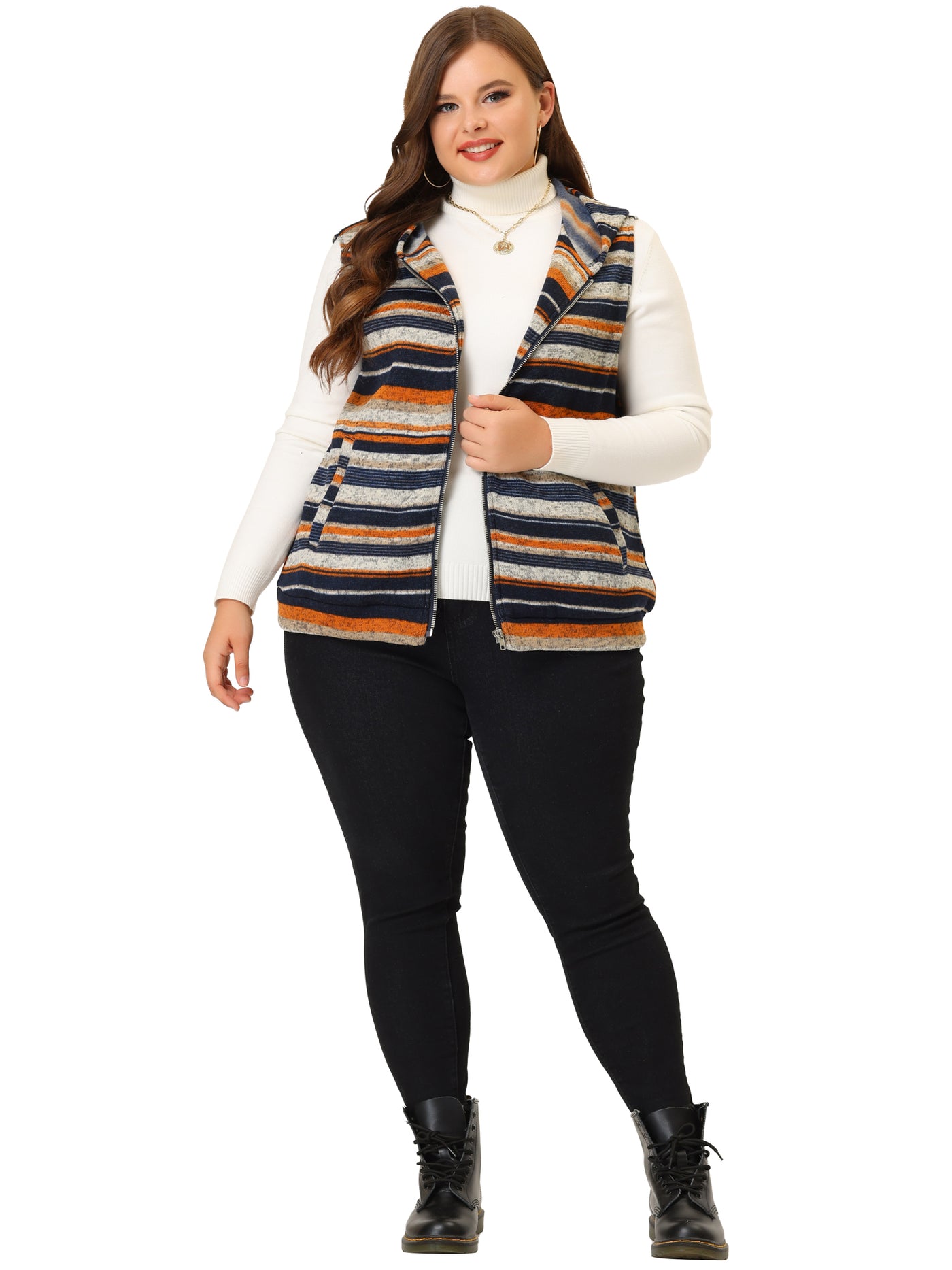 Bublédon Plus Size Zip Up Stripe Printed Sleeveless Knit Boho Jacket Vest
