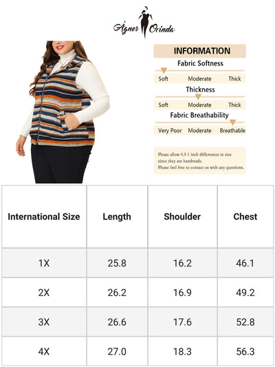 Plus Size Zip Up Stripe Printed Sleeveless Knit Boho Jacket Vest