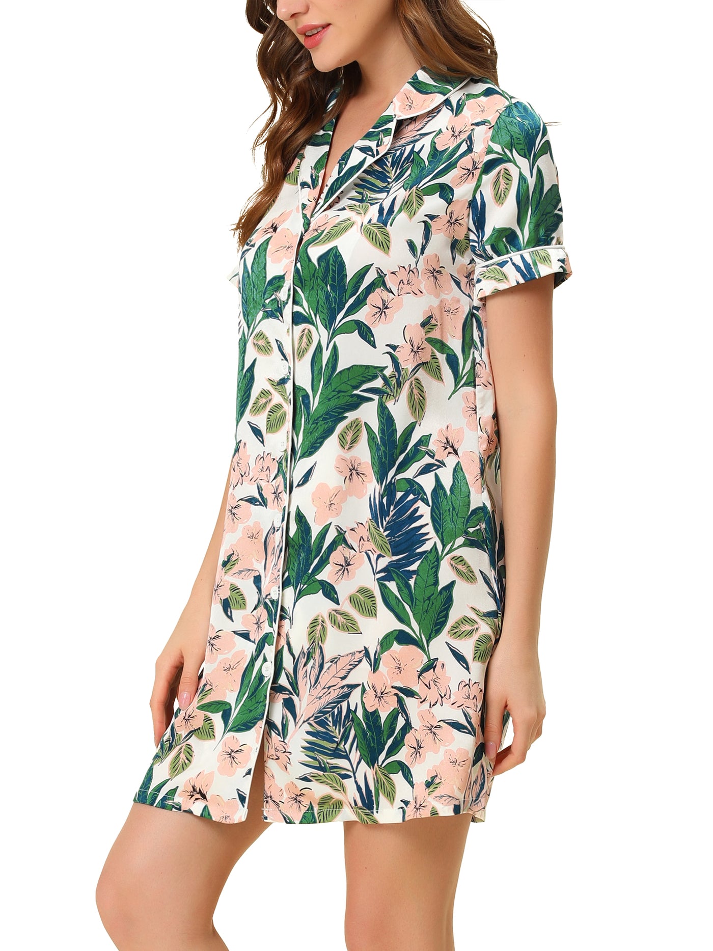 Bublédon Floral Lounge Nightdress Pajama Button Down Soft Satin Shirt Dress