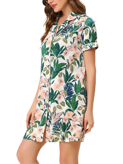 Floral Lounge Nightdress Pajama Button Down Soft Satin Shirt Dress