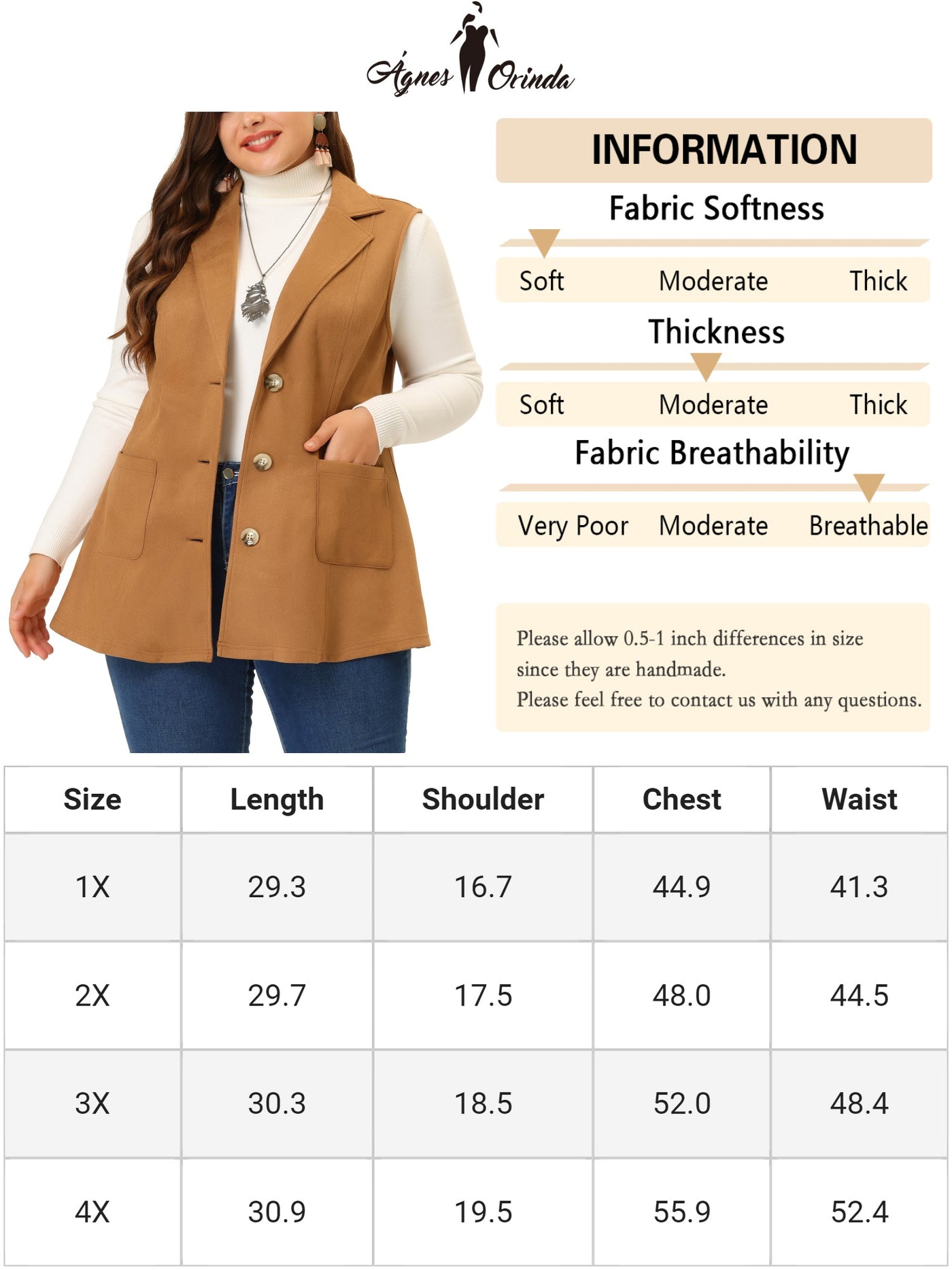 Bublédon Women's Plus Size Vests Long Sleeveless Casual Lapel Suede Vest
