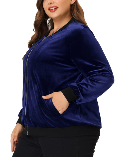 Women's Plus Size Velvet Jacket Zipper Slant Pocket Long Sleeve Casual Jackets