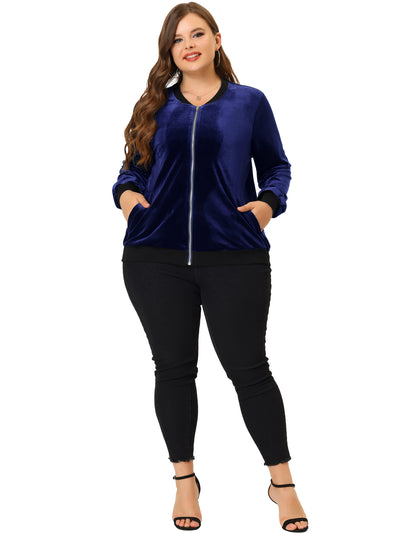 Women's Plus Size Velvet Jacket Zipper Slant Pocket Long Sleeve Casual Jackets