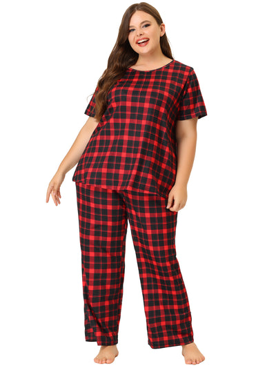 Bublédon Women's Plus Size Pajamas Sets Short Sleeve Sleepwear Plaid Nightgowns